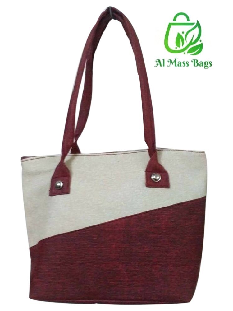 Maroon and Off White Regular Ladies Plain Shoulder Jute Bag, Size: 14.50 X 15.50 X 3.50 Inch