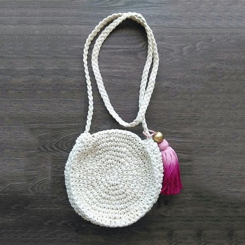 Long Shoulder Length Zipper White Round Jute Bag, Size/Dimension: 14x14 Cm