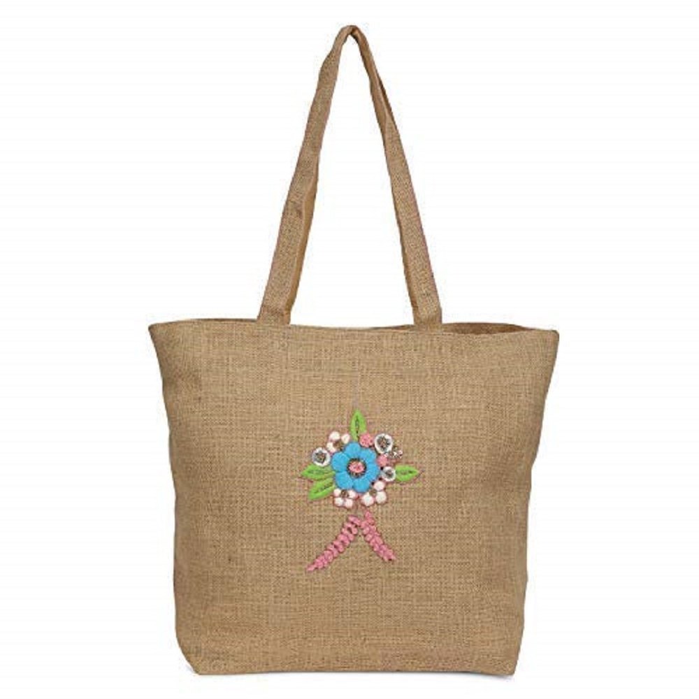 Embroidered Golden Jute Embroidery Bag