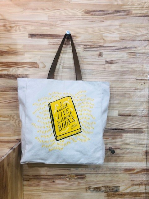 White Striped Canvas Shopping Bag with Leather Handle