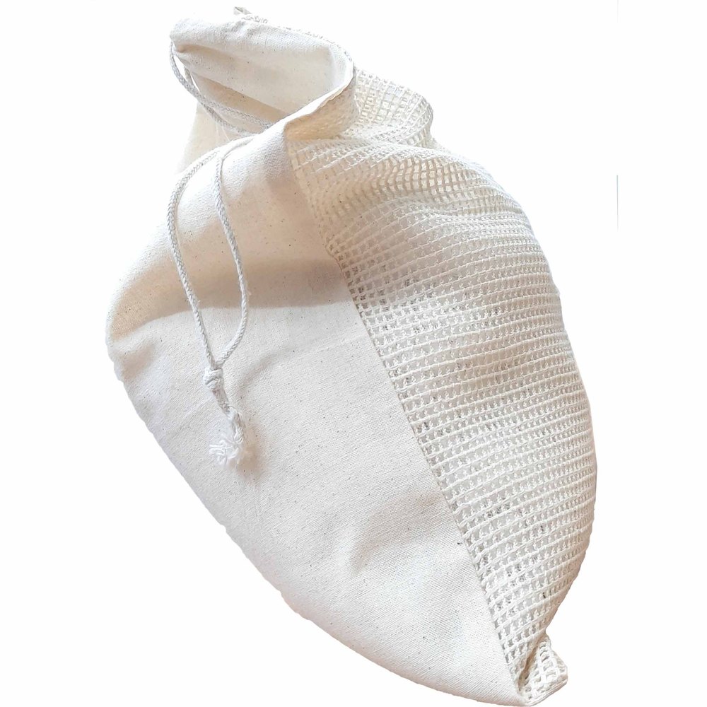 Ramesh Exports Natural Organic Cotton Drawstring Bag With One Side Mesh Bag, Capacity: 2-3 Kgs, Size/Dimension: 8