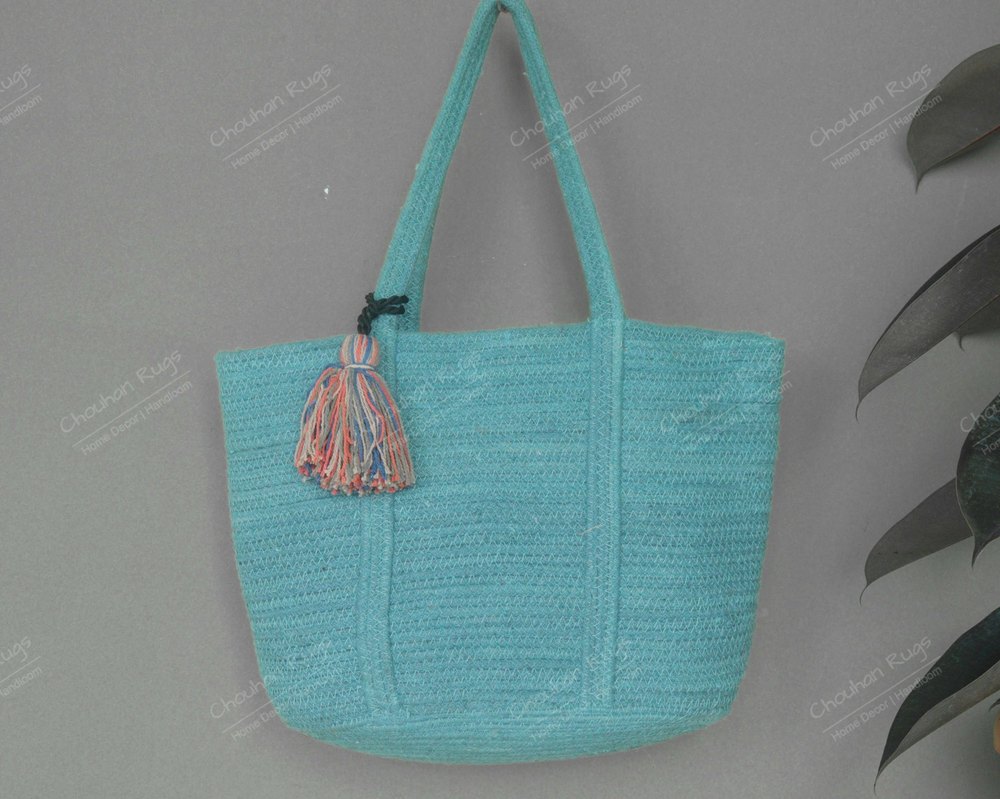 Turquoise Plain Cotton Braided Shopping Bag, Handmade Recycled Fabric Shopping Bag, Size/Dimension: Medium