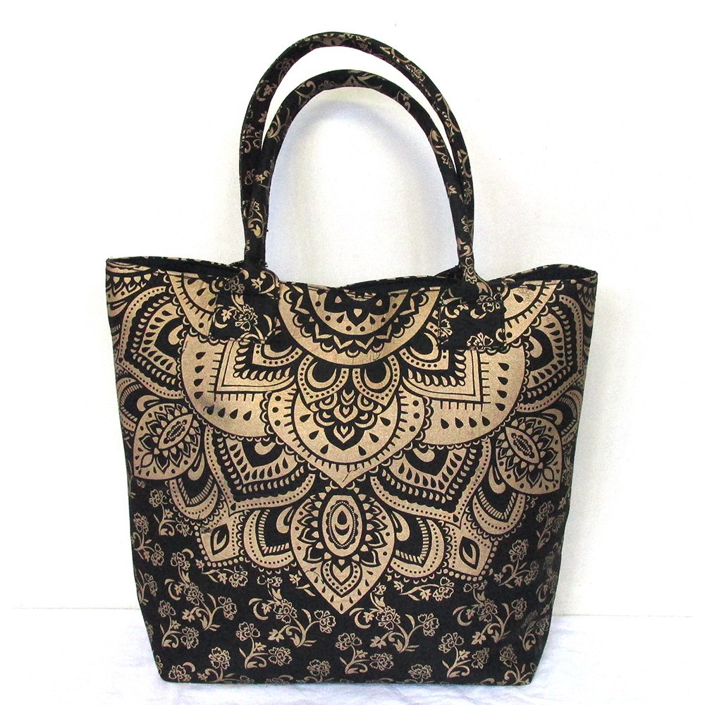 Black Gold Mandala Print 100% Cotton Shoulder Carry Bag