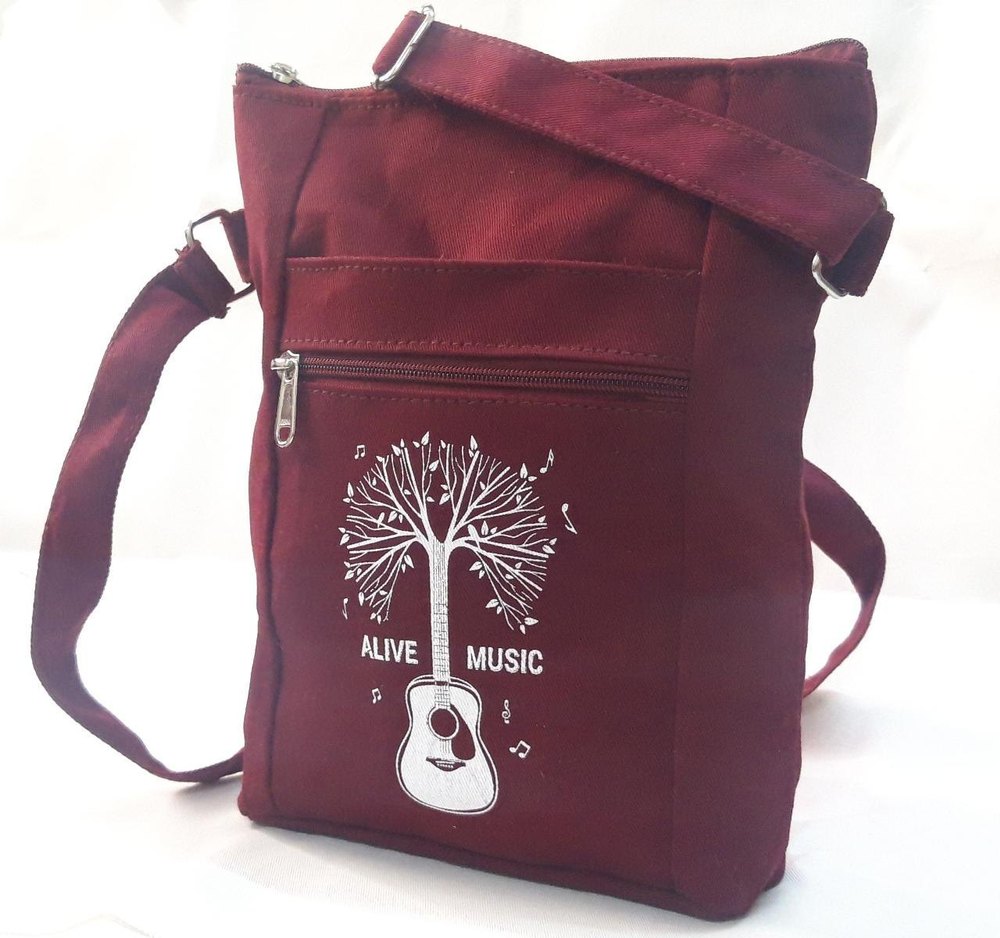 Printed Maroon Cotton Shoulder Bag, Size/Dimension: 14*12*4