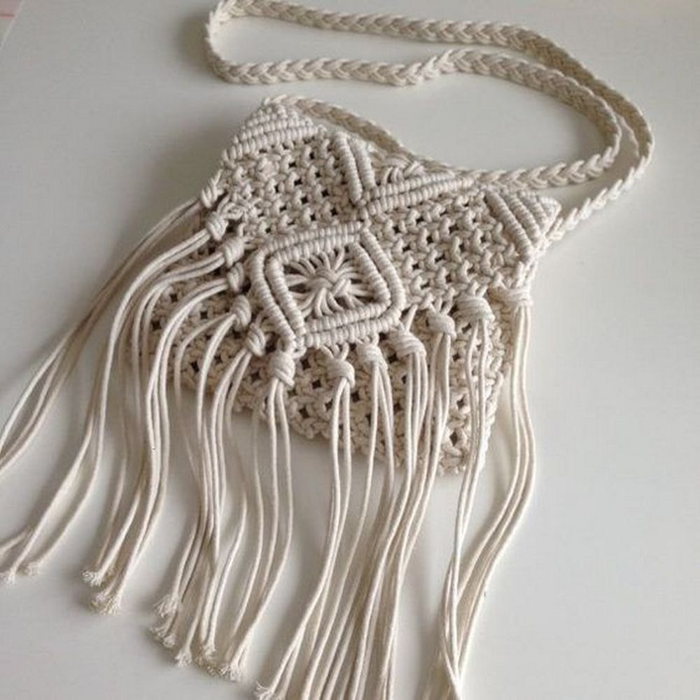 Macrame White Zipper Cotton Bag