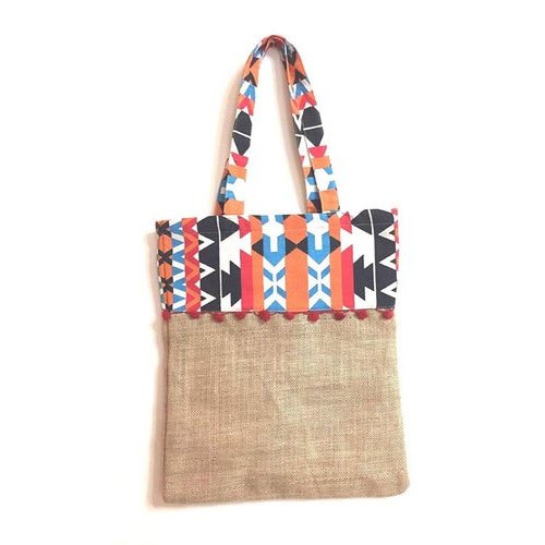 Jute & Cotton Printed Juco Pom Pom Carry Bag, Size: 35x40 Cm