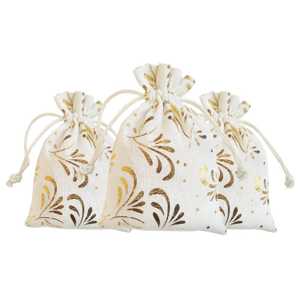 White Printed Drawstring Natural Cotton Return Gift Pouch