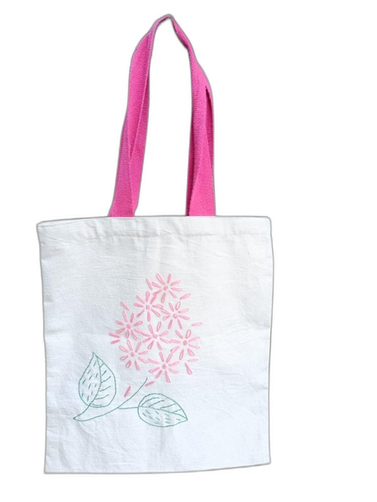 Off White And Pink Embroidery Cotton Canvas Embordered Bag, Capacity: 20Kg