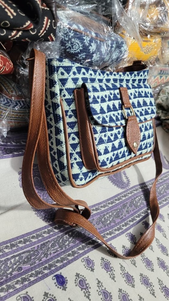 Brown, Blue and White Jacquard Fabric and Leather Ladies Handcrafted Laptop Bag