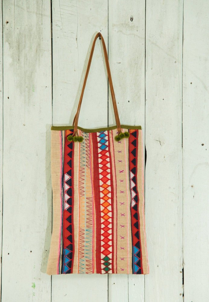 Handled Red, Beige Textile Cotton Bag