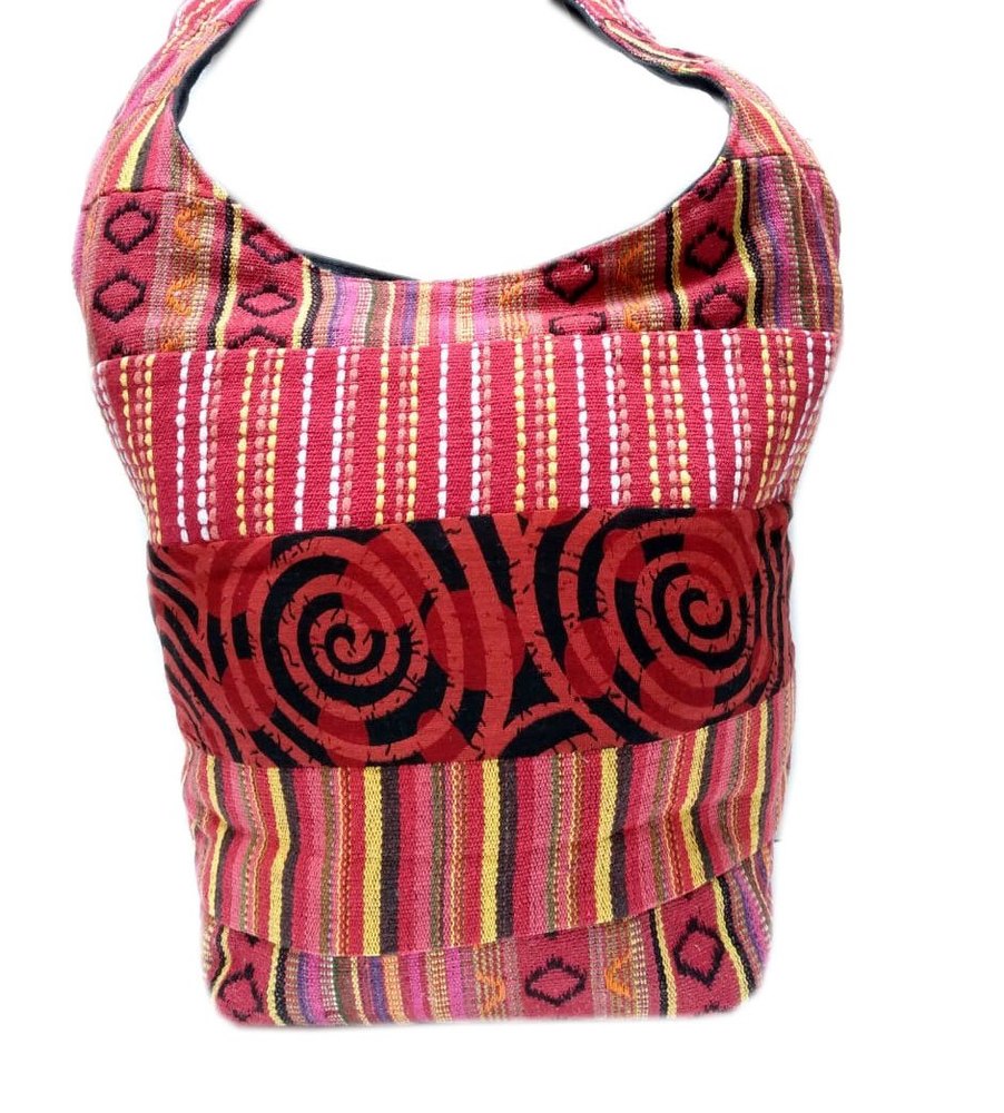 Red Hand Painted Dari Fabric Stripe Design Shoulder Bag 175, Size: 12x14x3
