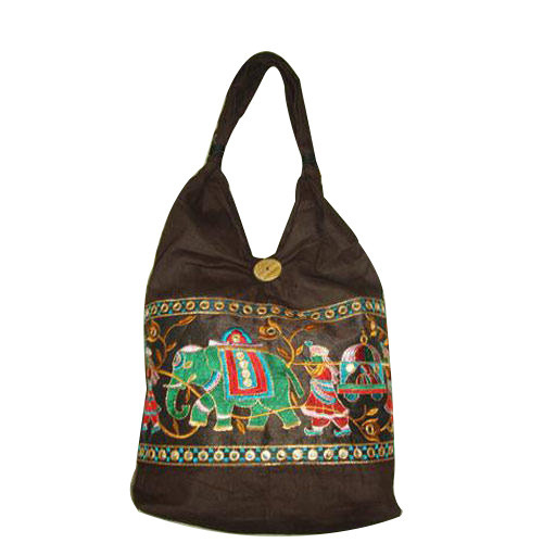 Brown Embroidered Stylish Fabric Shoulder Bag