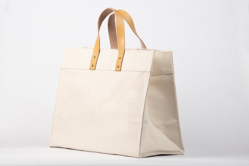 Jg White Canvas Tote With Leather Handle Bag