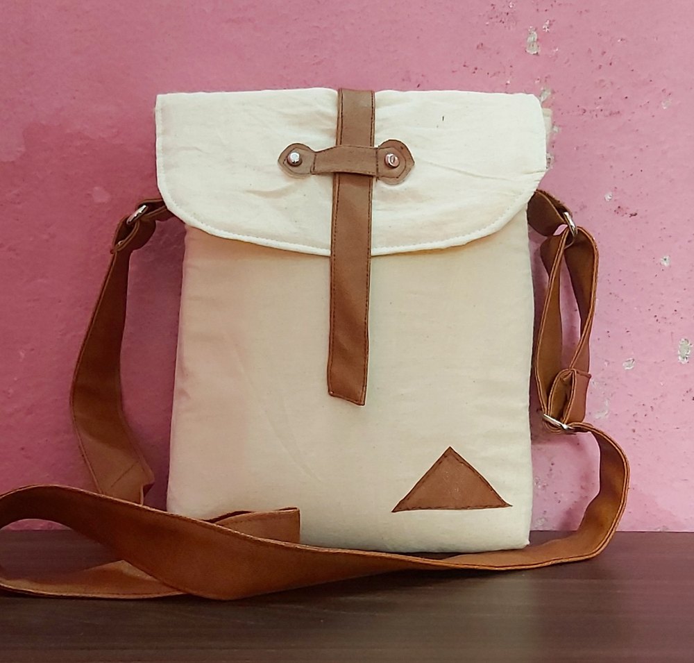 Casual Beige Handicraft canvas sling bag with artificial leather, Size: 12