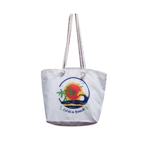 White Loop Handle Printed Canvas Beach Bag, Size: 15x18 inch