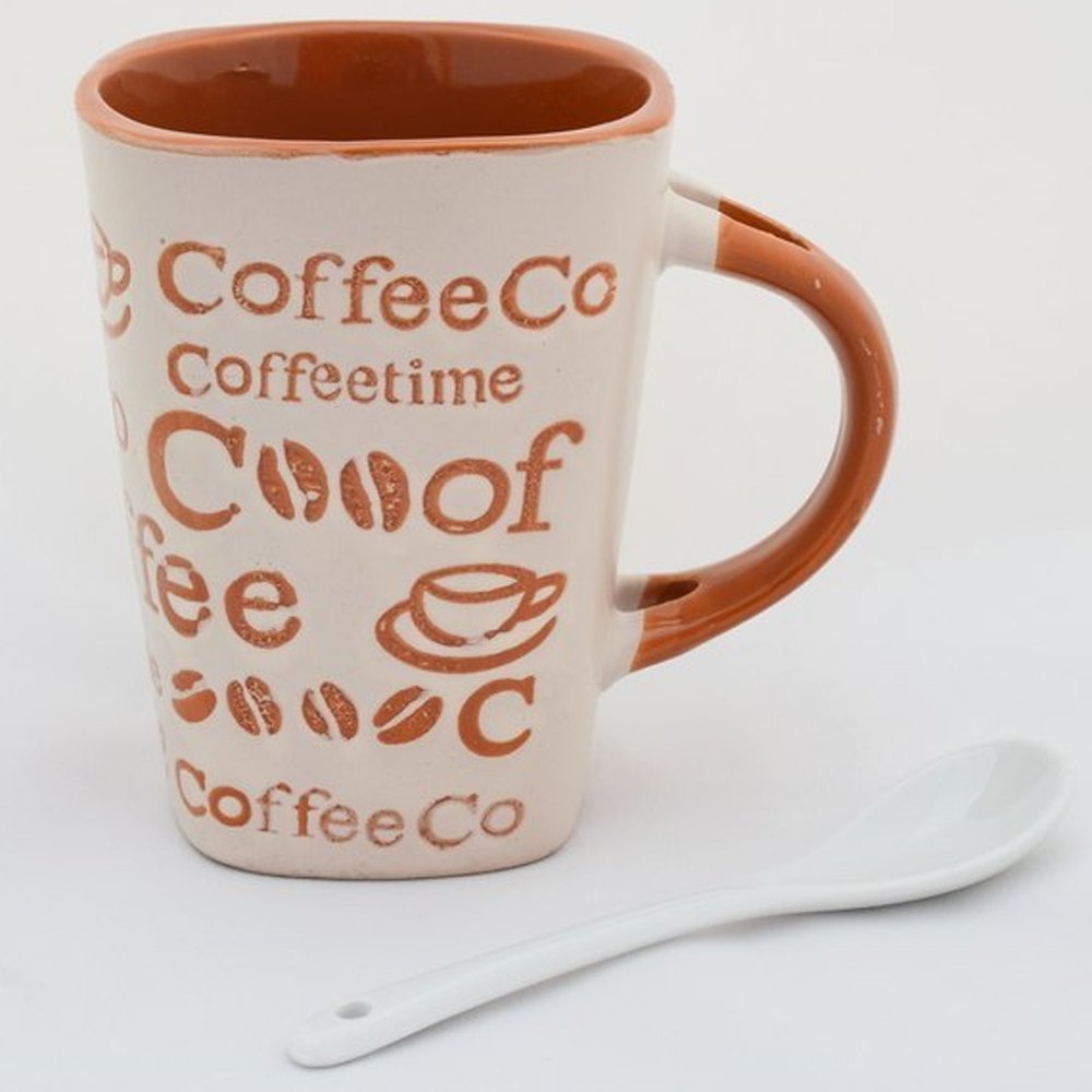 Off White And Brown 300ml Printed Ceramic Coffee Mug, Size: 5inch
