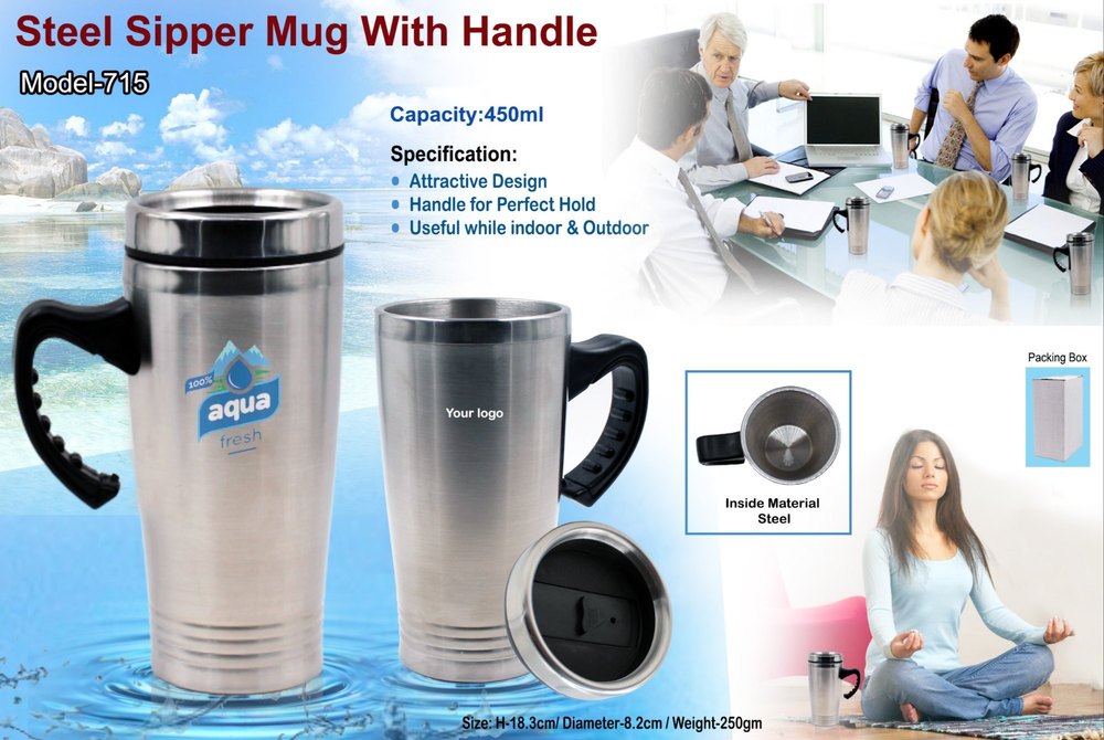 Silver H715 Steel Sipper Mug with Handle, For Travelling, Capacity: 450 ml