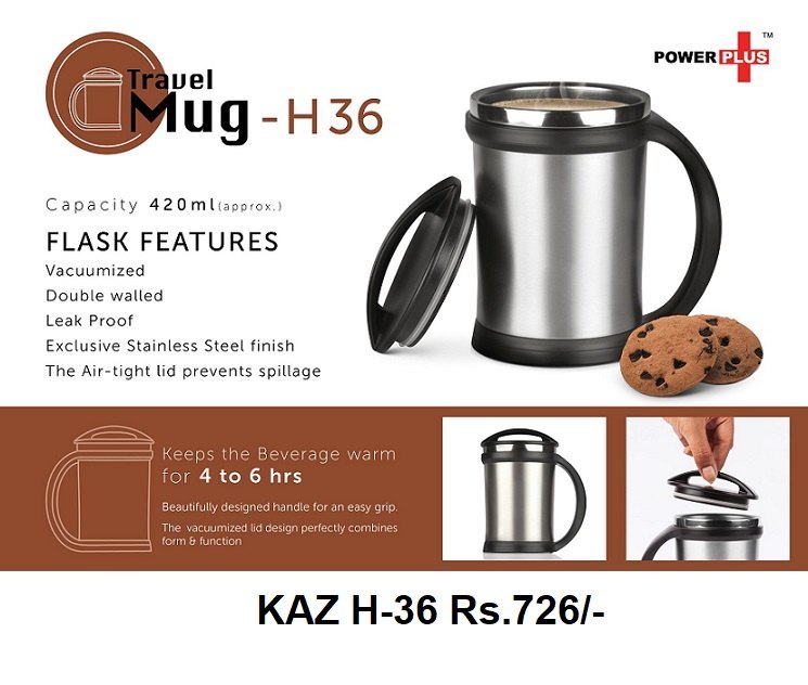 Black & Silver Stainless steel Travel Mug Flask Features, Model Number: KAZH-36