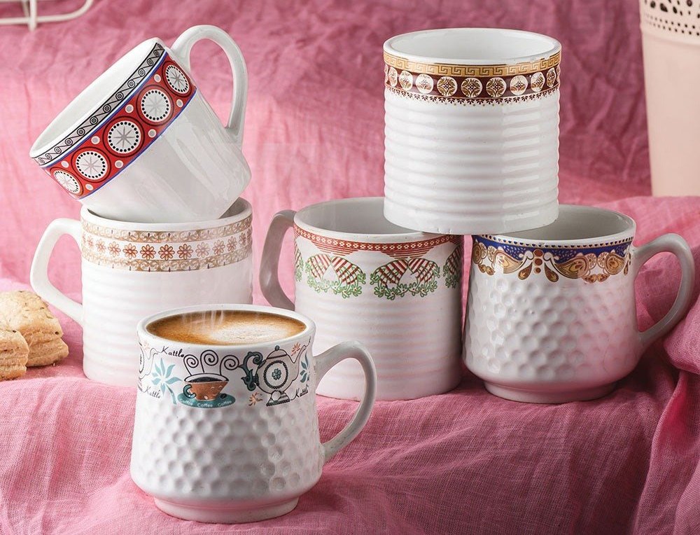 Ceramic White Printed Tea Mug Set, Size: 7x6.5 cm
