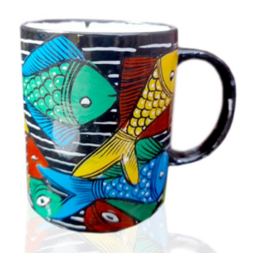 Black Ceramic Pattachitra Playful Fishes Coffee Mug Set of 2, For Home