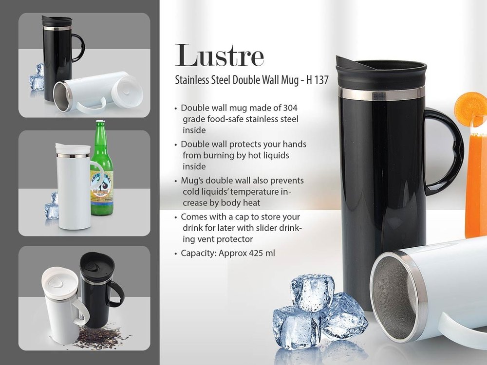 White Printed Lustre Stainless Steel Double Wall Mug, For Gifting