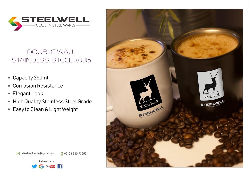 Black Round STAINLESS STEEL DOUBLE WALL COFFEE MUG, Capacity: 200ml, Size/Dimension: 165gms