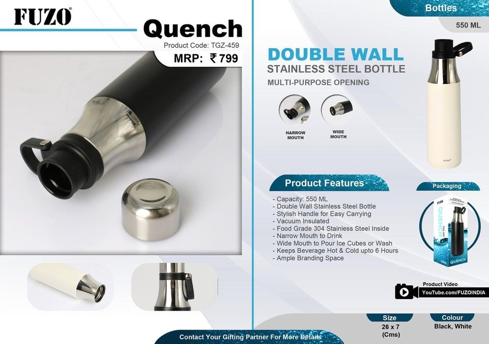 Black Quench Double Wall Stainless Steel Bottle Muti-Purpose Opening, For Office