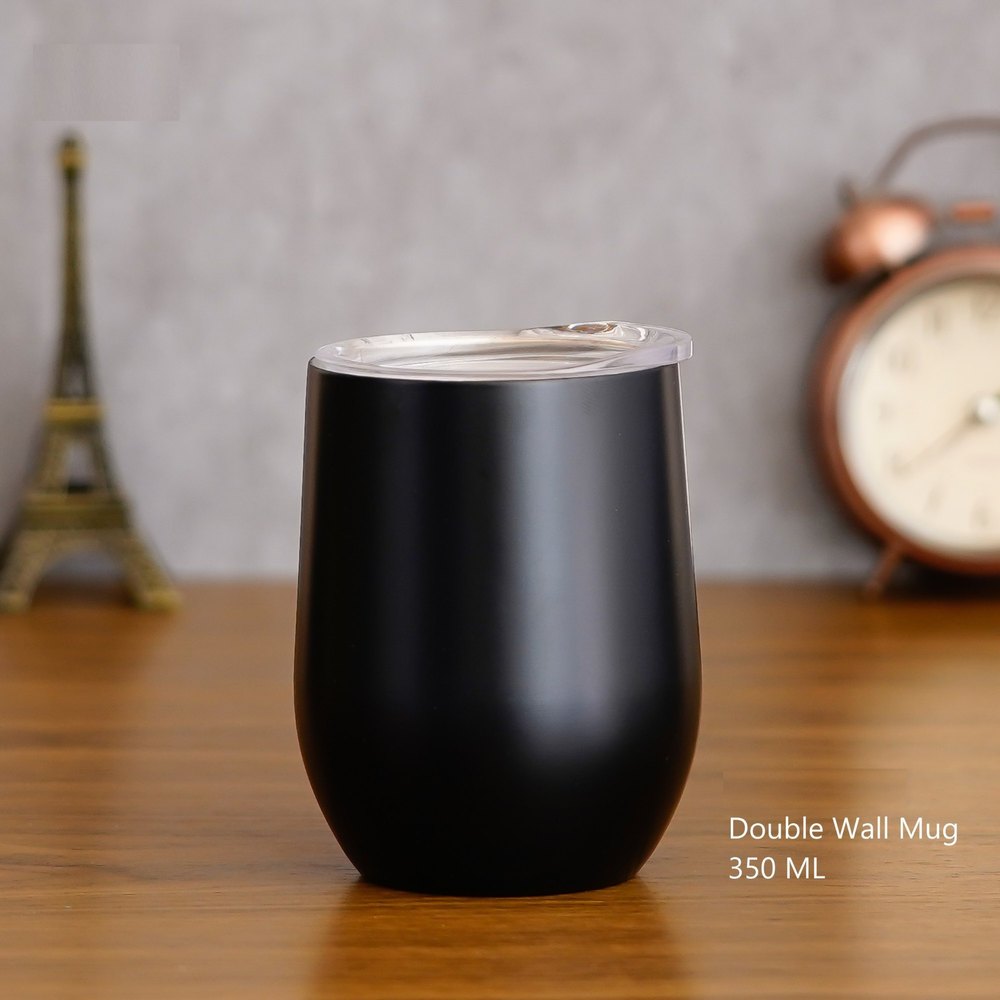 Round Stainless Steel Double Wall Black Mug, For Office, Capacity: 350 ml