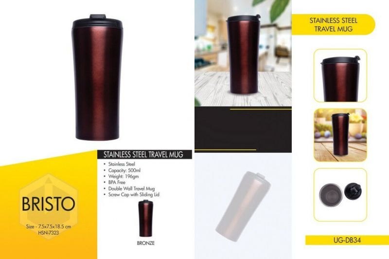 Bronze Plain Trophykart UG-DB34 Bristo Double Wall SS Mug (500ML), For Travel, Size/Dimension: 7.5 X 7.5 X 18.5 cm