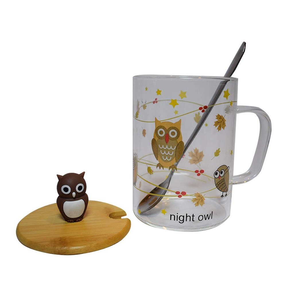 Owl Printed Glass Coffee Mug