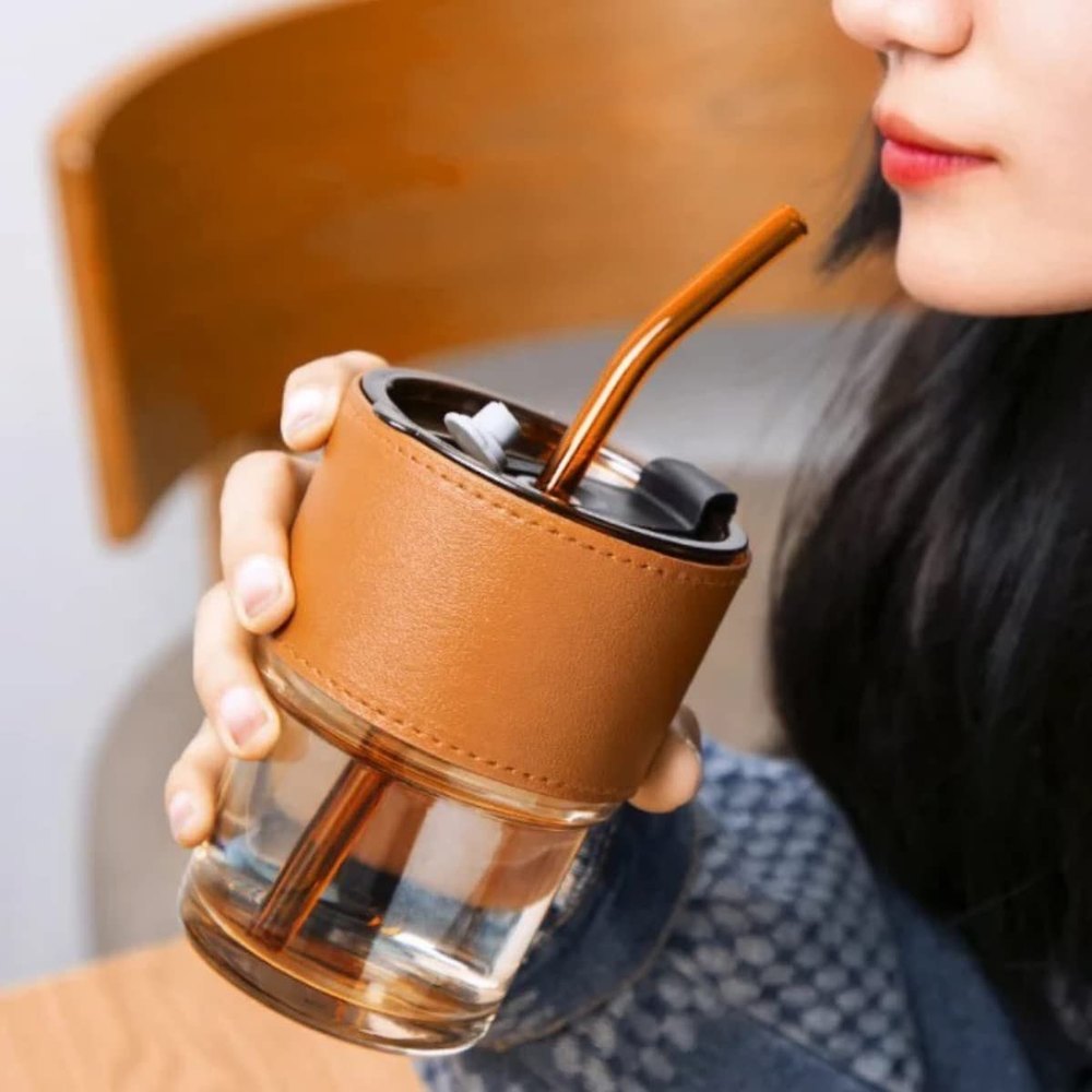 Tea and Cold Coffee Glass Sipper Tumbler with Lid and Straw Cups 400ml 1 pis