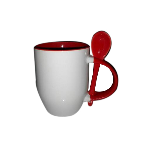 White And Red Plain Coffee Mug With Spoon
