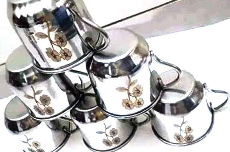White Printed Kc Stainless Steel Tea Cup Mug 6 Pcs Set, For Home, Size/Dimension: 90 ml