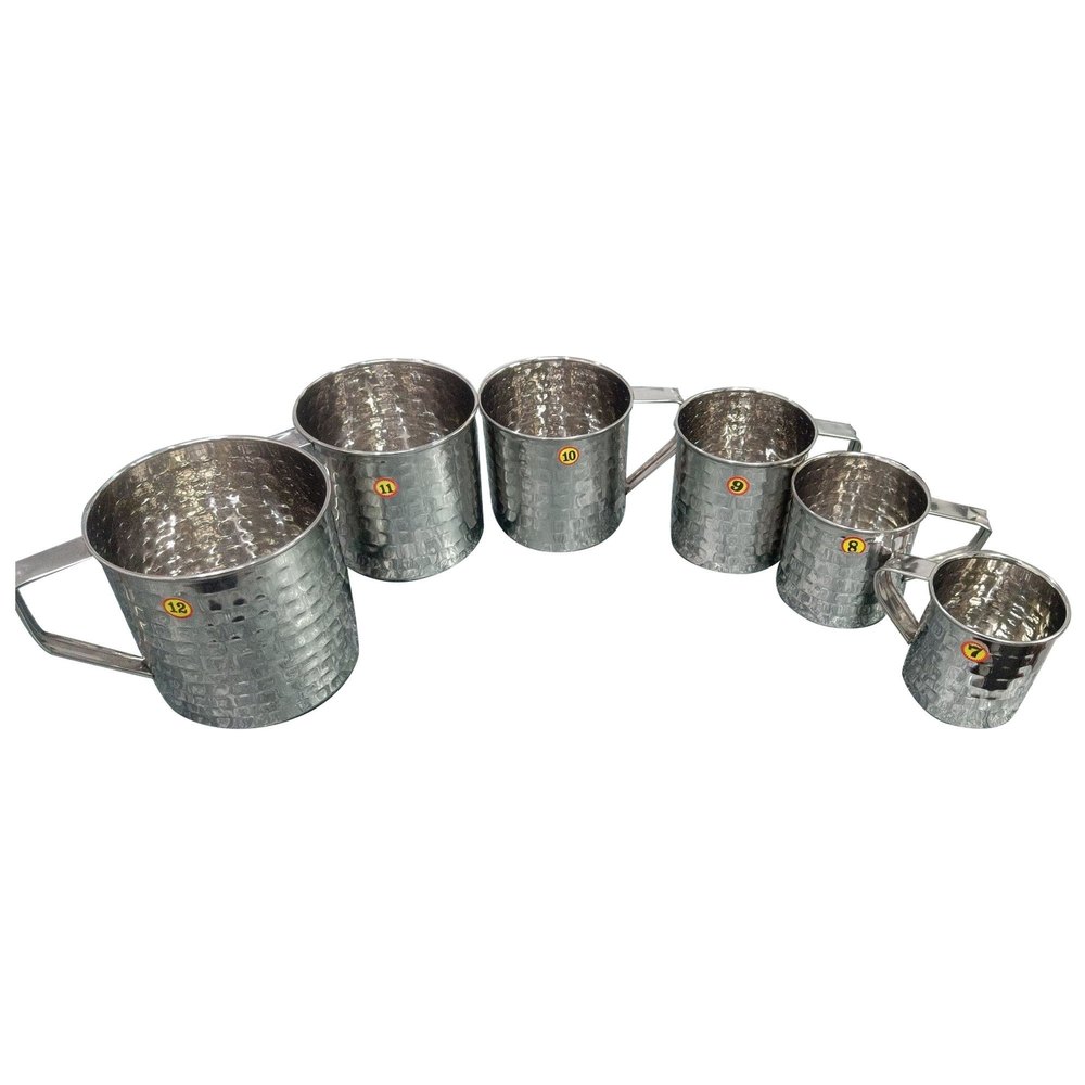 Round Silver Stainless Steel Hammered Mug Set, For Kitchen