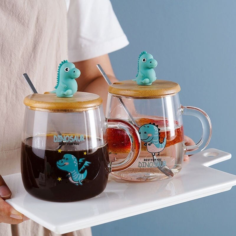 Dinosaur Printed Transparent Coffee/Tea Mug with Lid Cover and Stainless Steel Spoon