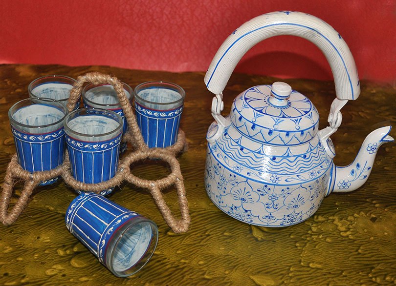 handicraft junction White Decorative Kettle Set With Jute Glass Holder, For Home
