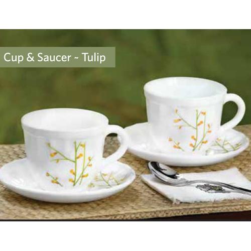 White Modern Tulip Cup & Saucer Set of 6, For Home