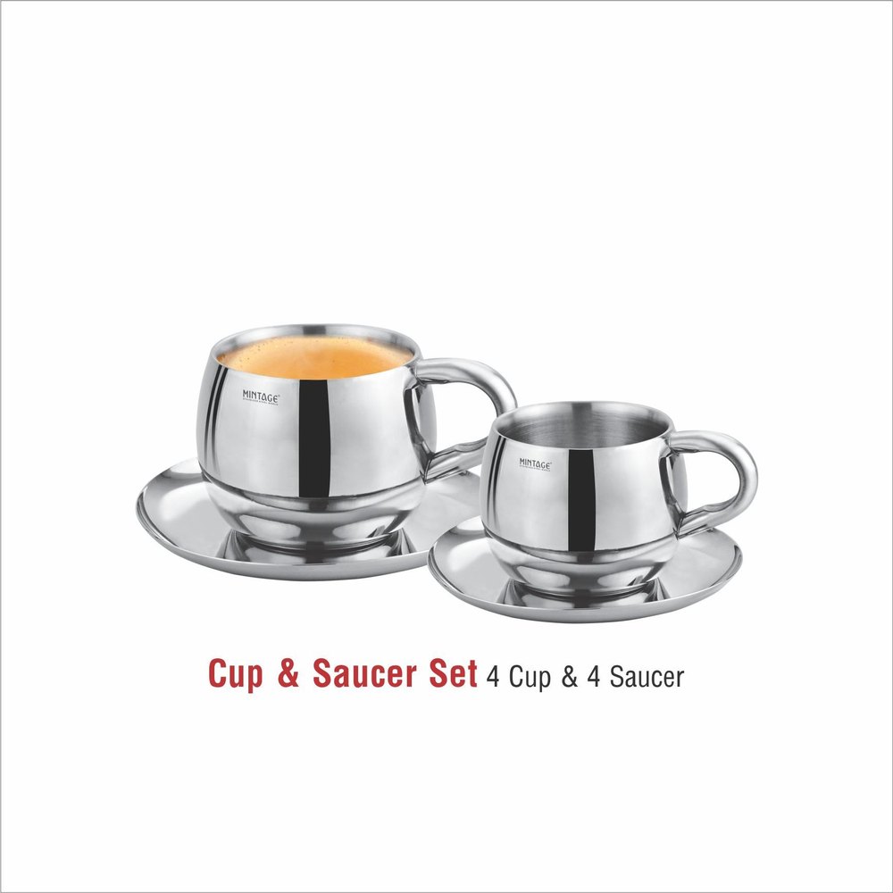 Mintage Silver Stainless Steel Cup And Saucer 4+4 set