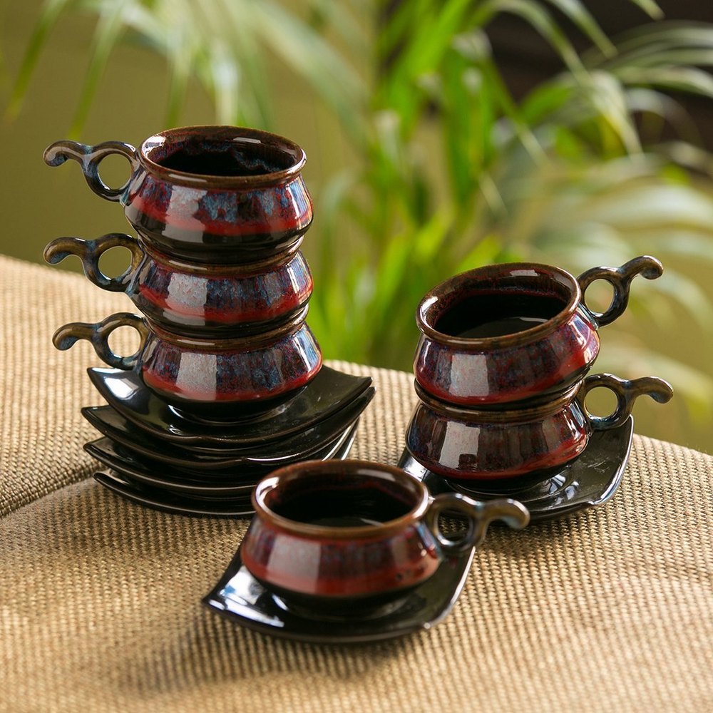ZH Red Ceramic Tea Cup Saucer, Size: Medium