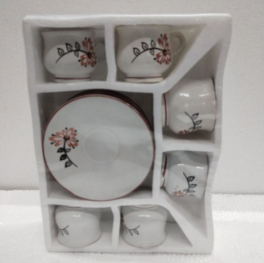 Printed White Lao Pyala 12 Piece Stoneware Cup Saucer Set, For Gifting