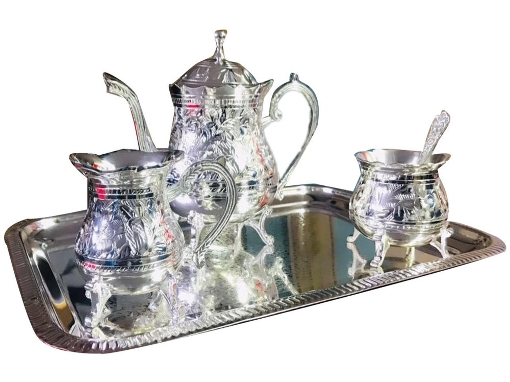 Chrome Plated Silver Brass Tea Set With Tray