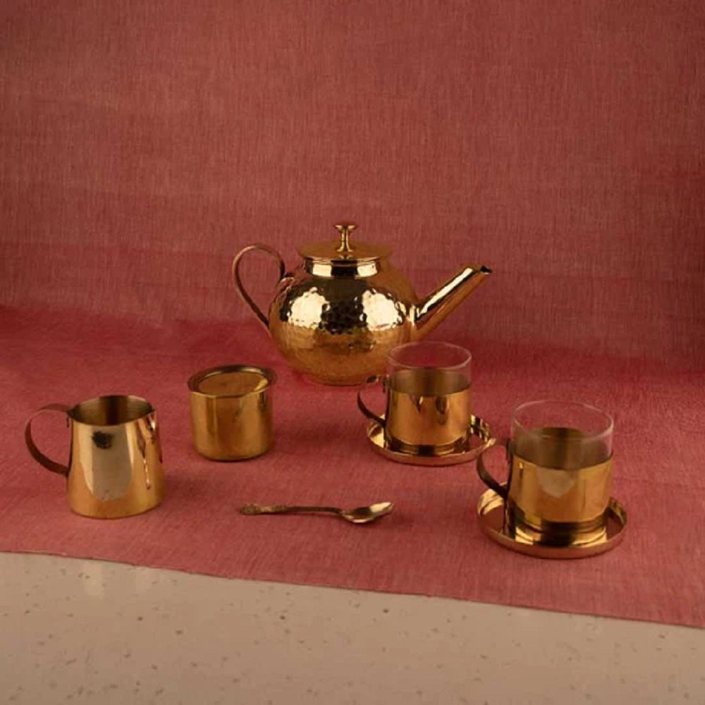 Golden Modern Brass Round Tea Pot Set, For Home