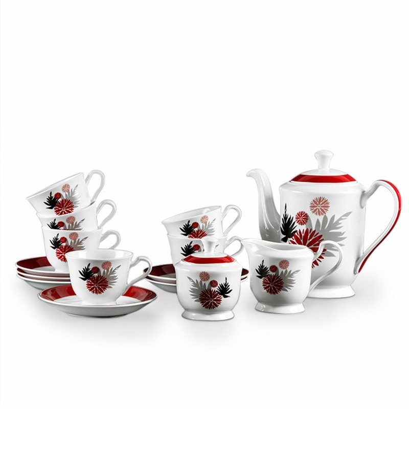 White Printed Designer Ceramic Tea Set
