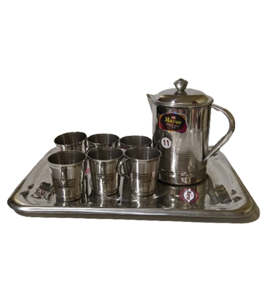 Sliver Stainless Steel Tea Set Manufacturer, For Home, 6 Glass, 1 Jug And 1 Plate