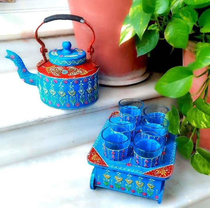 blue matel Handprinted Tea Kettle Set, For Hotel