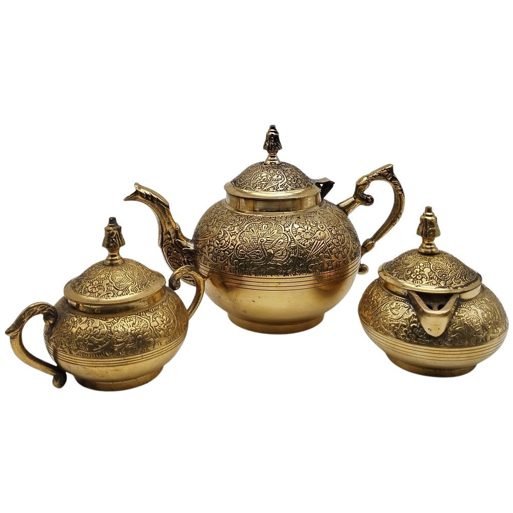 Embossed Peacock Design Brass Teapot Set