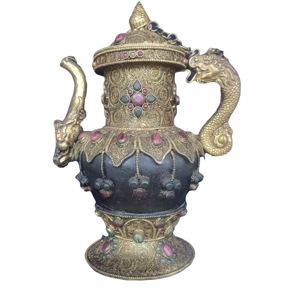 Cooper Embossed Nepalese Golden Teapot, For Decoration