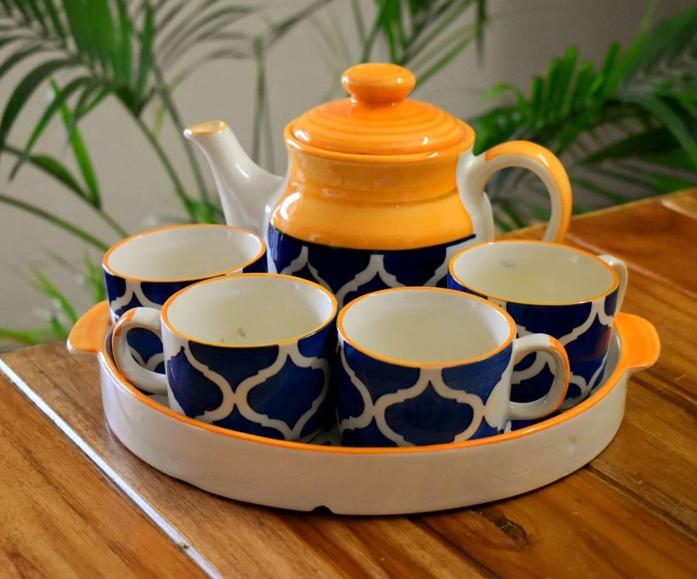 Blue, Off White and Orange Ceramic Tea Cup Pot Set, For Hotel, Packaging Type: Box