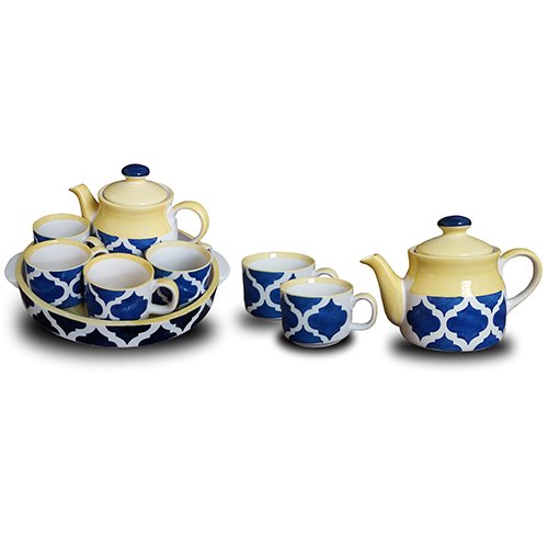 Clay Arts White, Blue Ceramic Tea Kettle And Cup Set, For Home