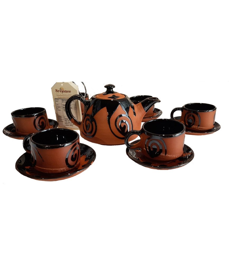Brown Baked Clay Black Porcelain Line Tea Pot With 6 Cup Set, Packaging Type: Box, Size: 4 X 4 X 2 Inch
